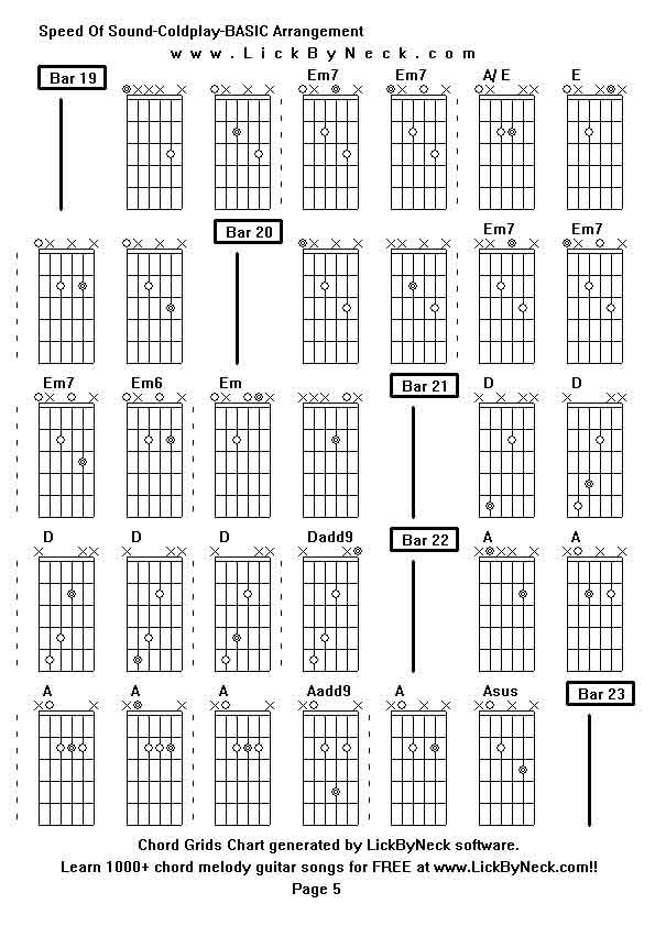 Chord Grids Chart of chord melody fingerstyle guitar song-Speed Of Sound-Coldplay-BASIC Arrangement,generated by LickByNeck software.